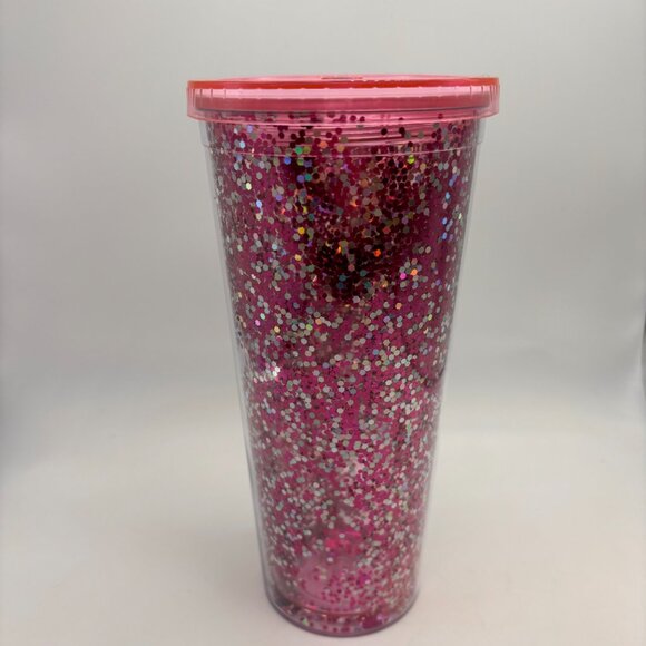Dunkin Donuts I Love Dunkin Heart Glitter Coffee Cup Missing Straw Pink 24 oz - Picture 6 of 16